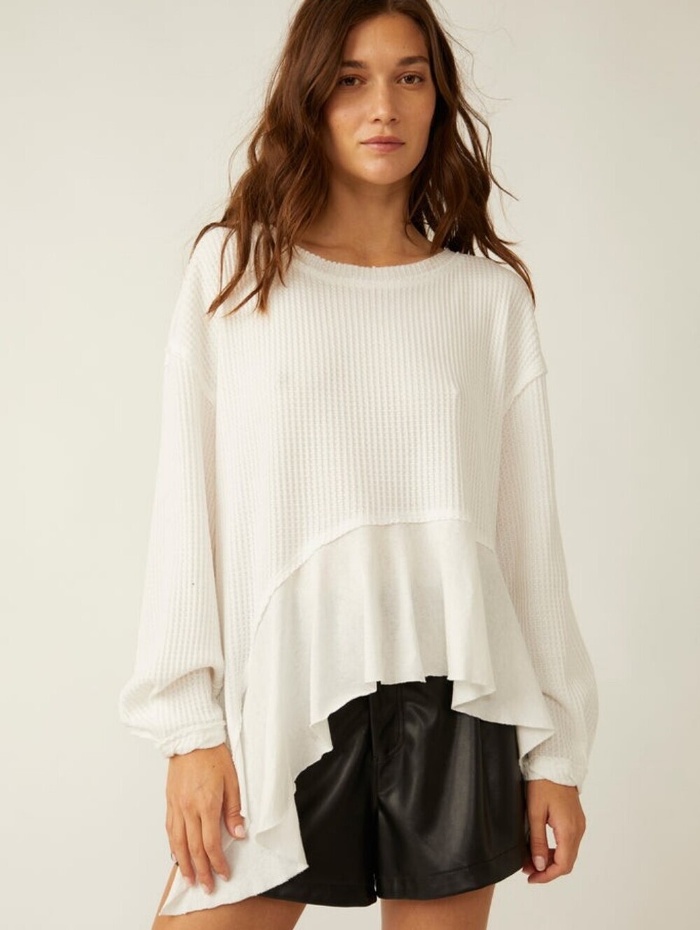 We The Free VADA thermal White Waffle-Knit Layered Asymmetric Pullover M